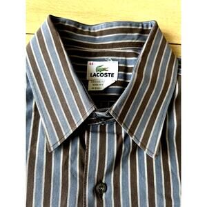 LACOSTE Striped Dress Shirt Long Sleeve Brown Blue Preppy Nautical XL 44